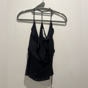 ASTR The Label black satin ruffle wrap top